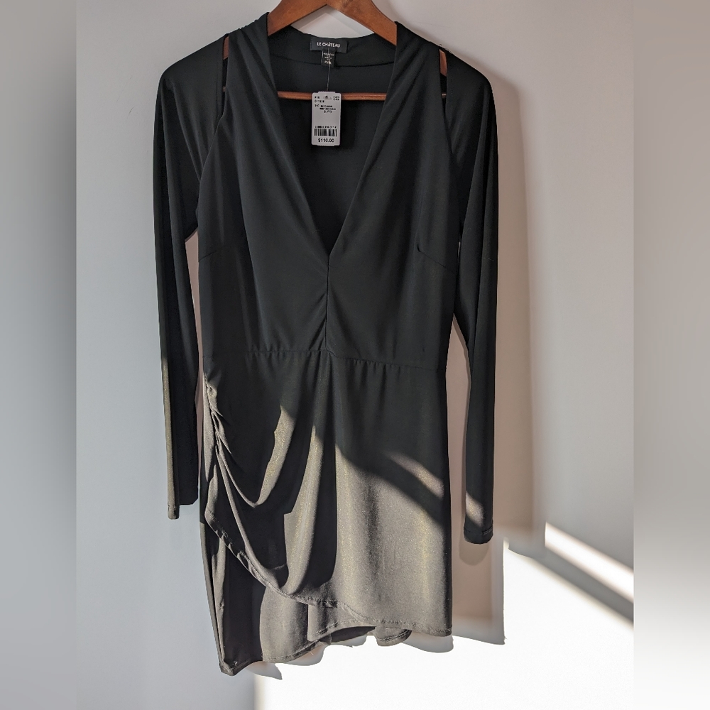 Le Château NWOT Black Asymmetrical Dress With Gold Shimmer